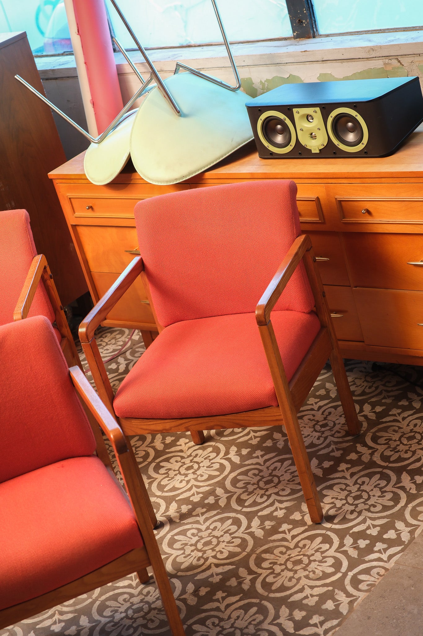 MCM Oak Red Upholstery Chair Set