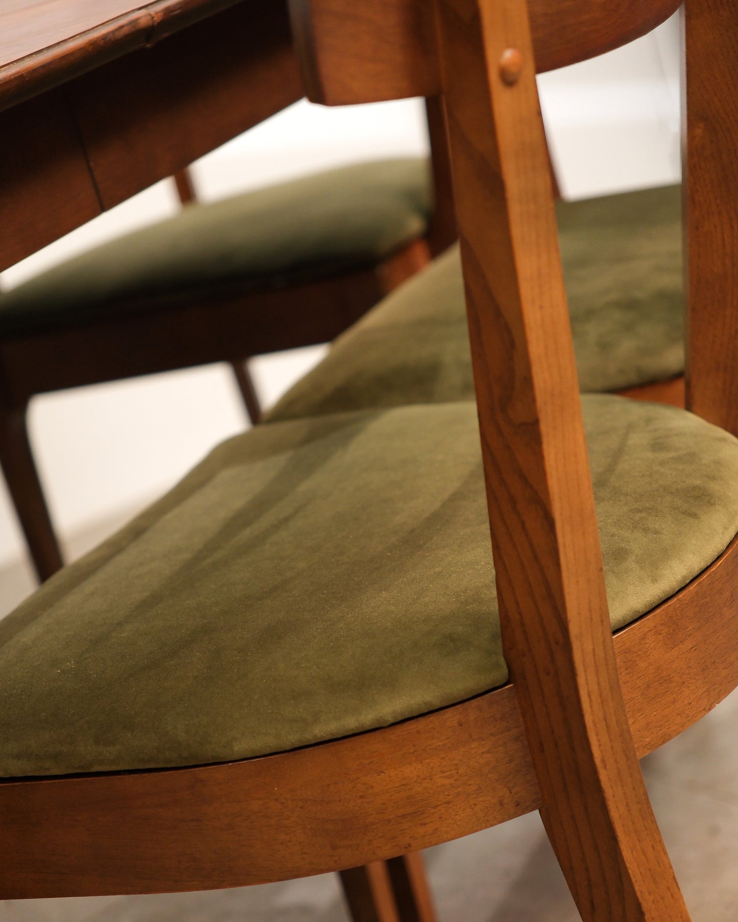 MCM Restored Dark Walnut Table Set With Green Velvet Upholstery