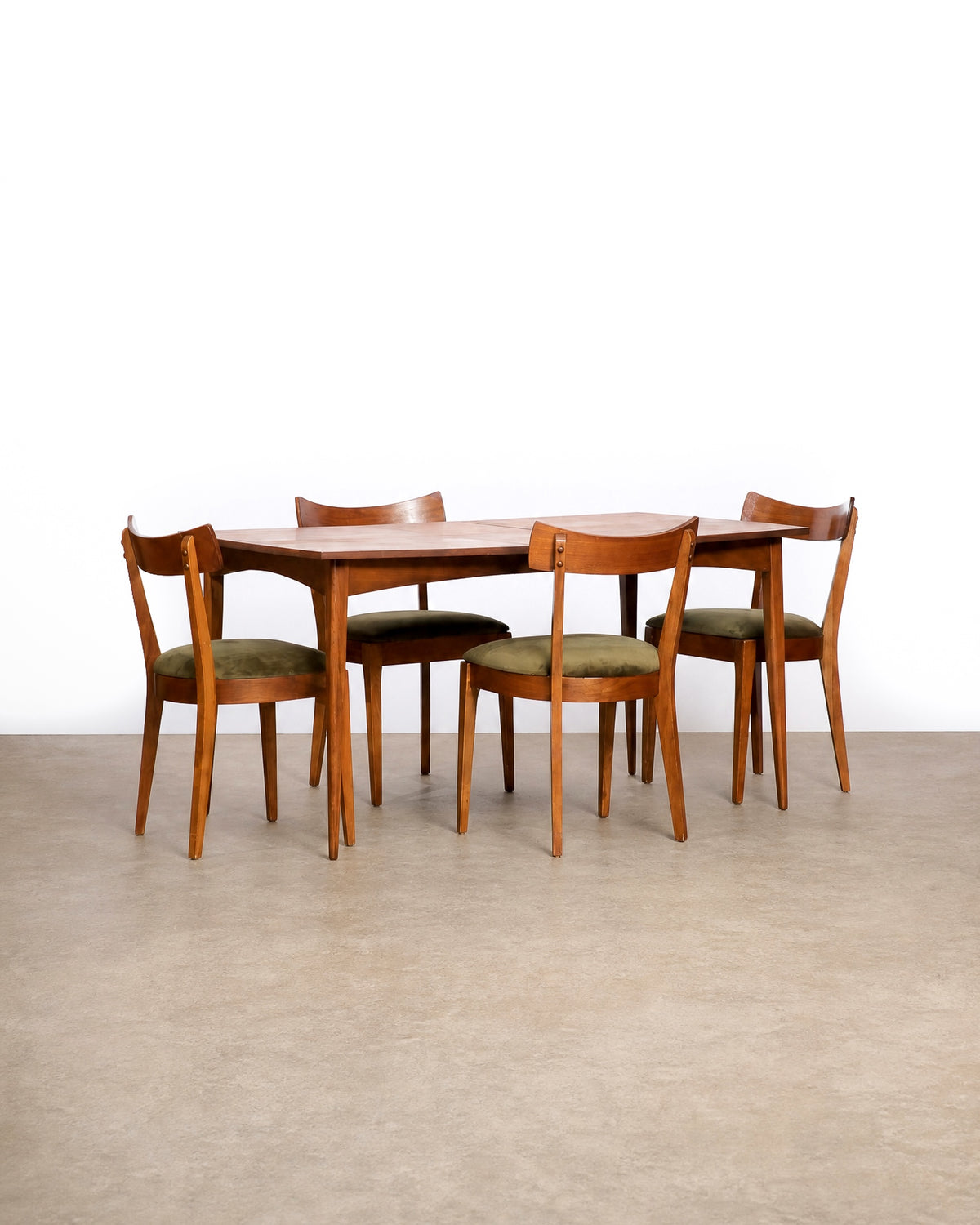Mid-century modern dark walnut dining set by KF Furniture on a plain white background — rich walnut grain and expandable table