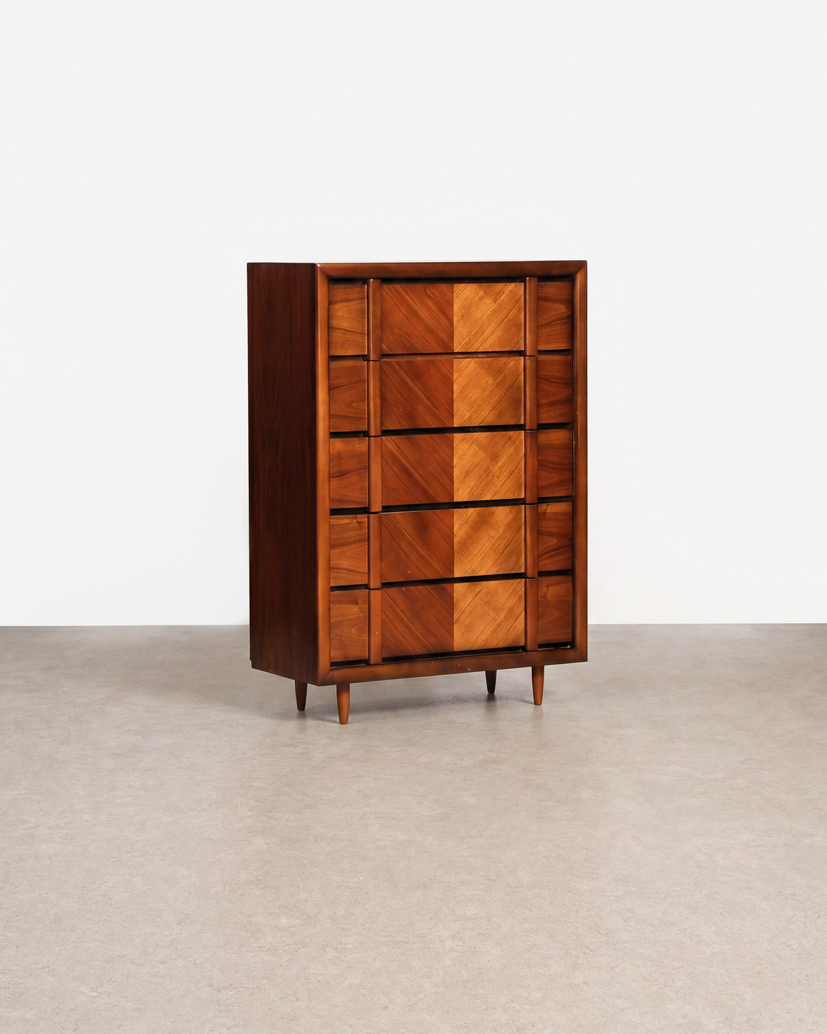 Mid-century modern dark walnut tallboy dresser by Lane Furniture on a plain white background — rich walnut grain and warm satin sheen