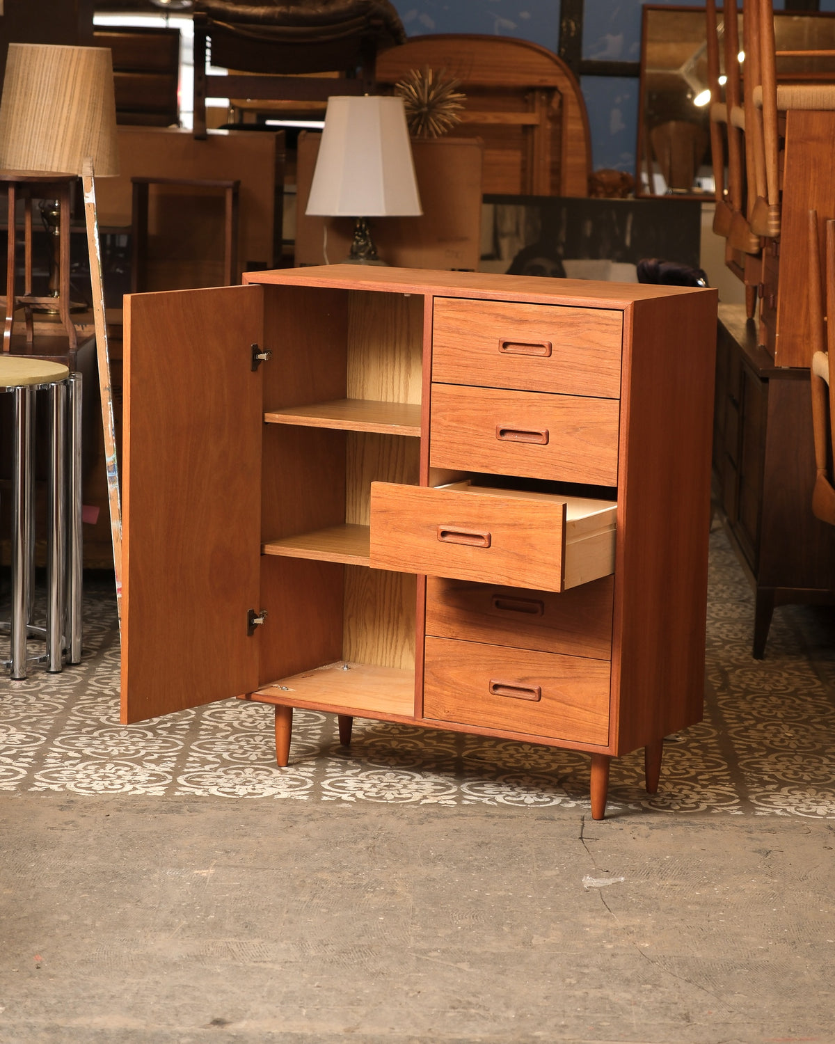 Gentleman's chest with door open, showing adjustable interior shelving and one drawer pulled out.