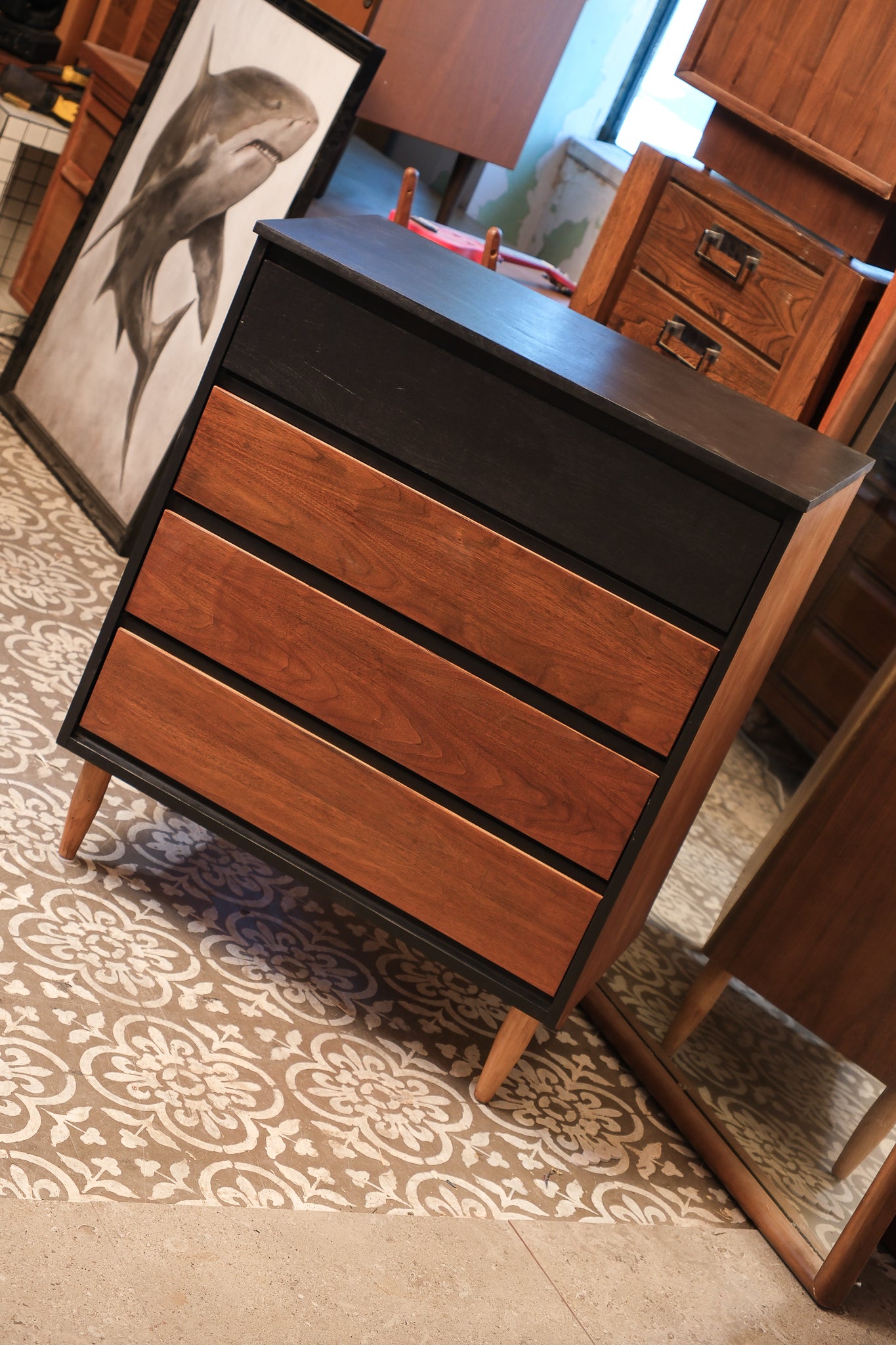 MCM Dark Walnut Tallboy Dresser