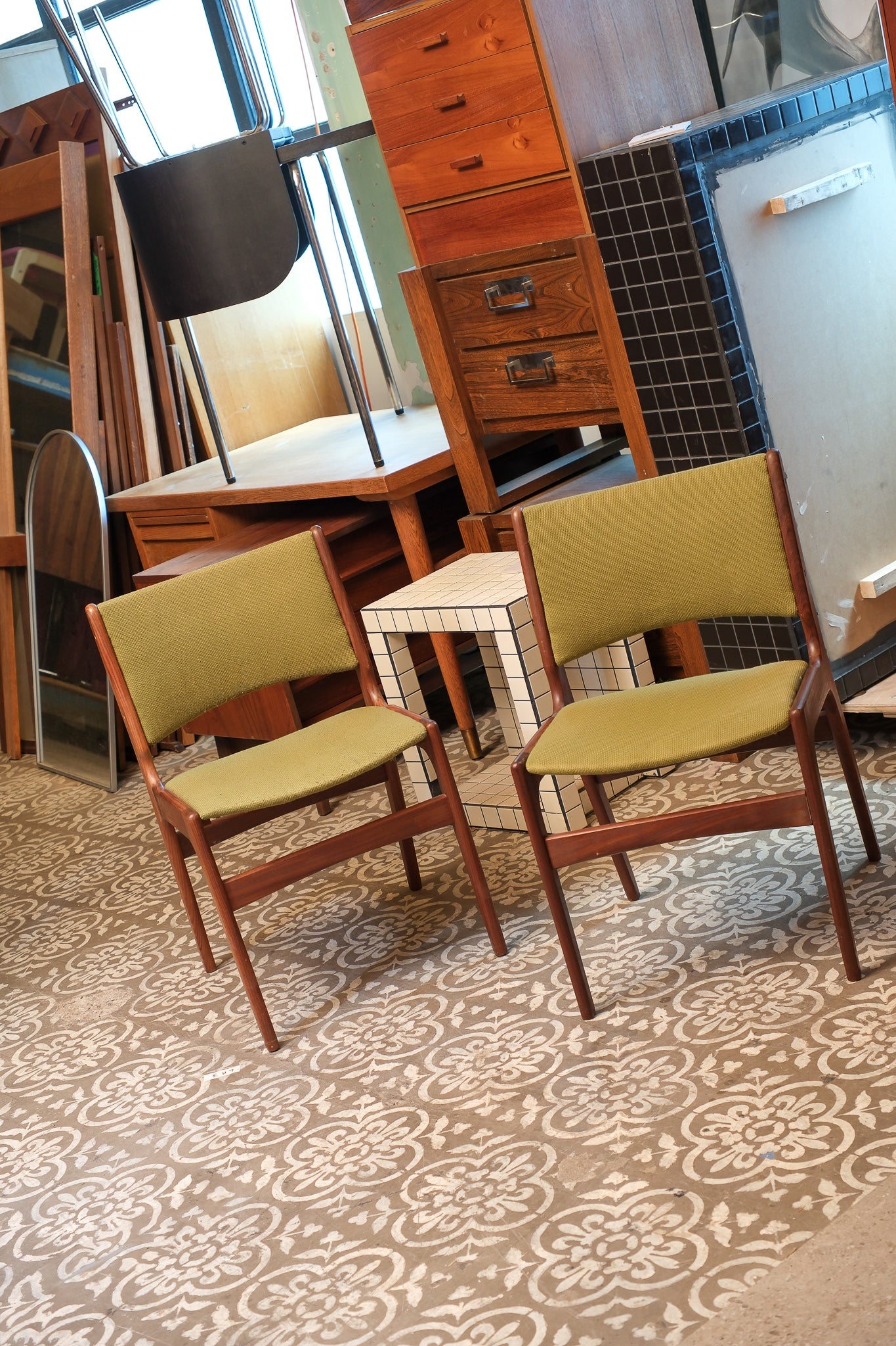 MCM Teak Chair Set With Green Upholstery