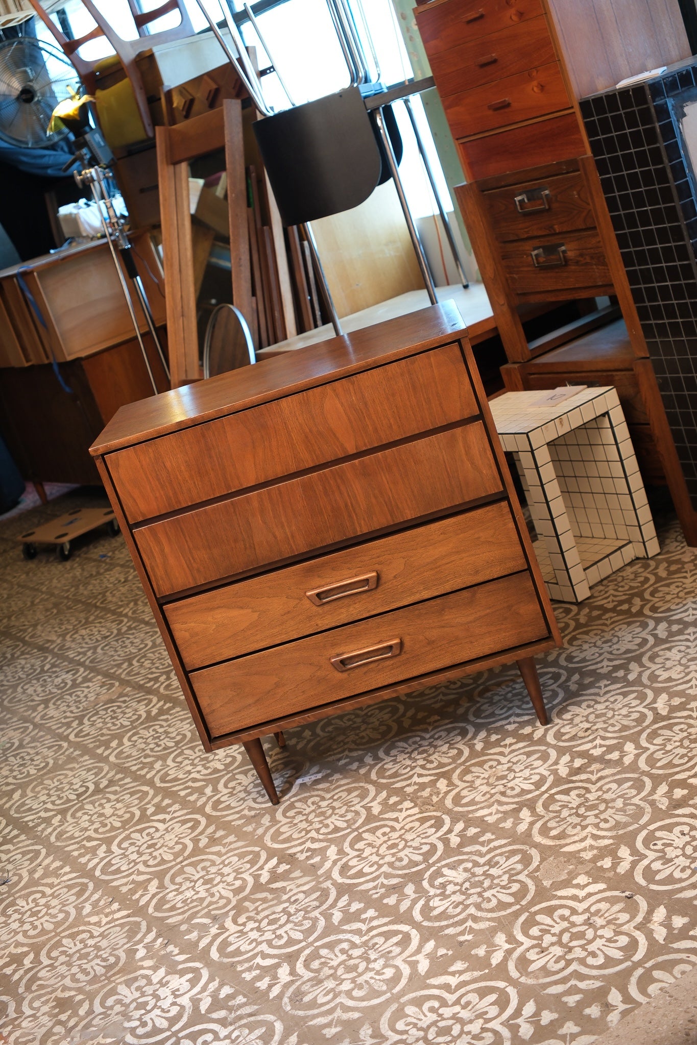 MCM Dark Walnut Tallboy Dresser By Vic Art