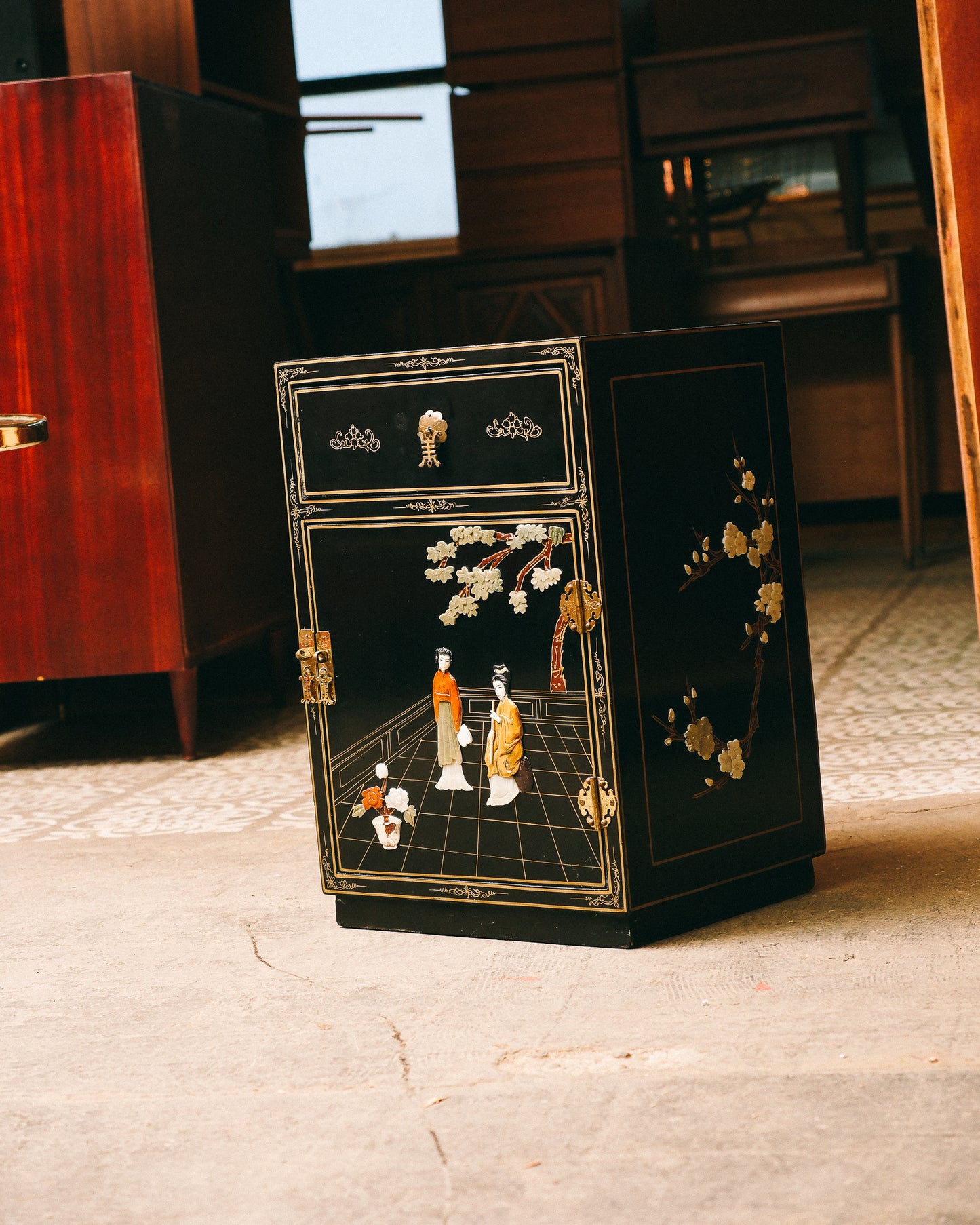 Vintage Black Lacquered Nightstand / End Table