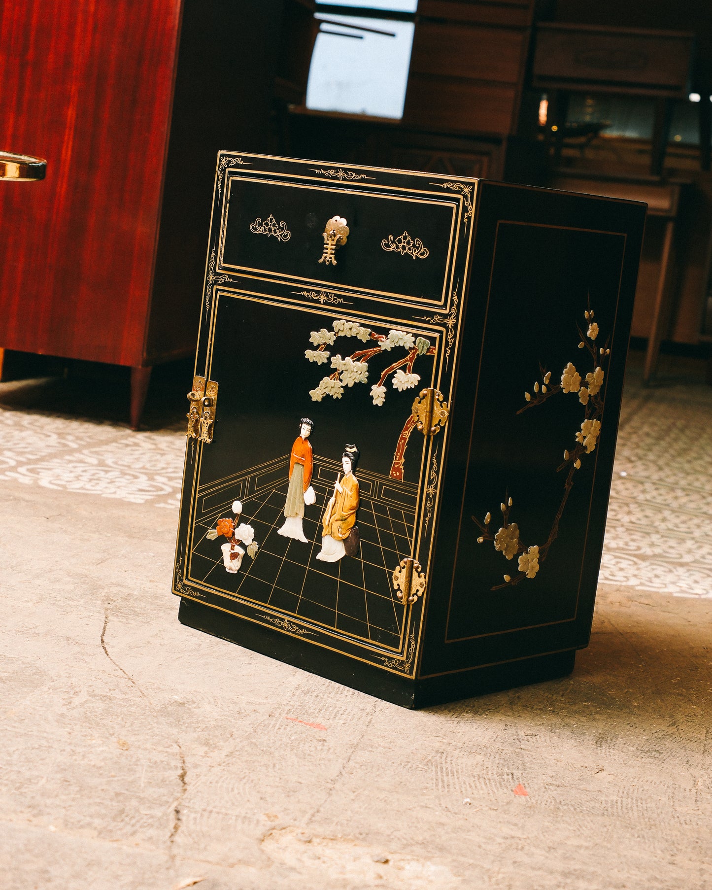Vintage Black Lacquered Nightstand / End Table