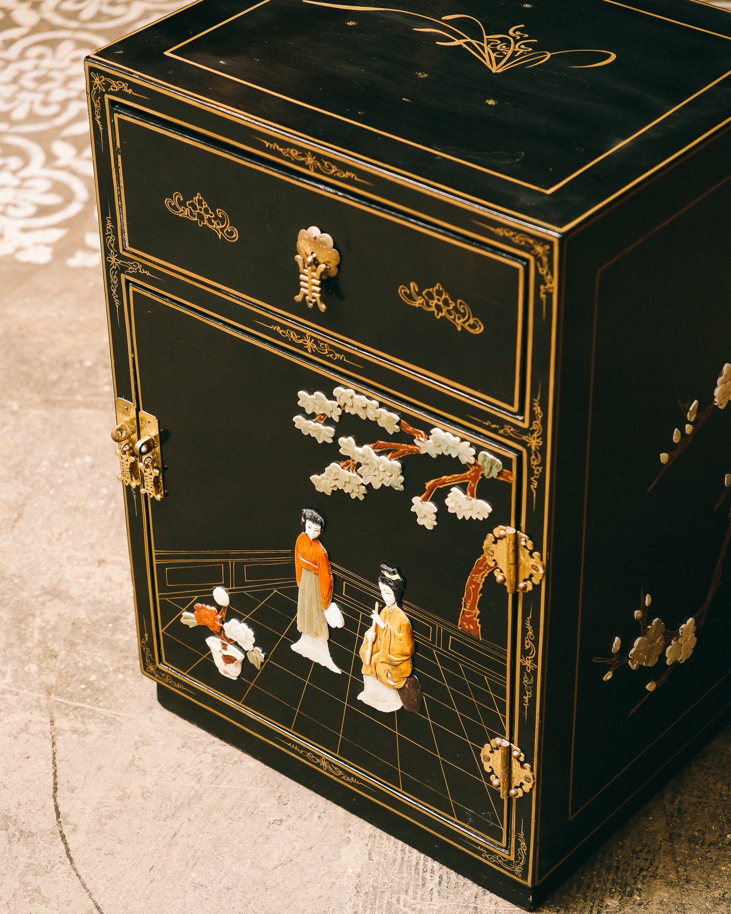 Vintage Black Lacquered Nightstand / End Table