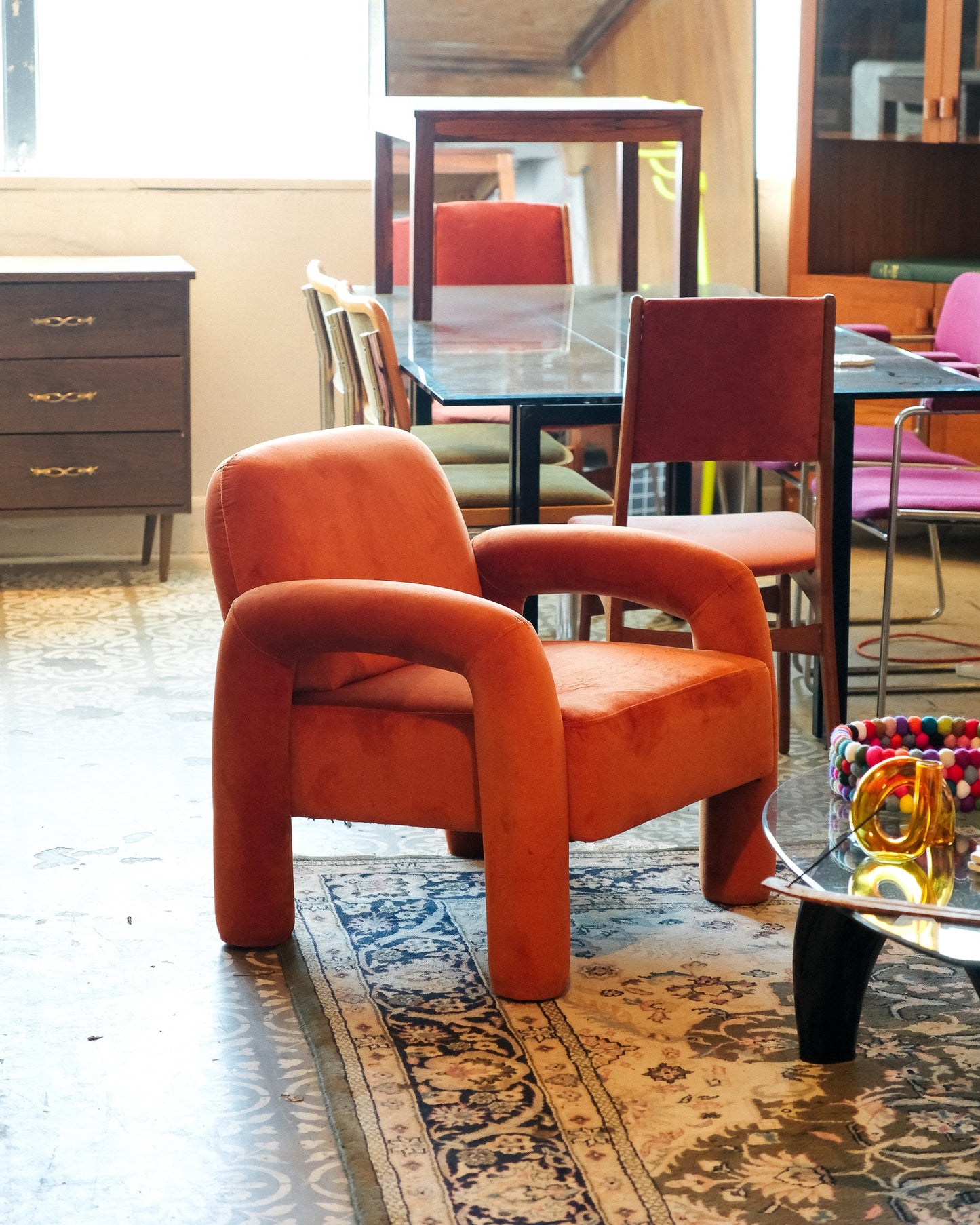 Velvet Upholstered Orange Armchair