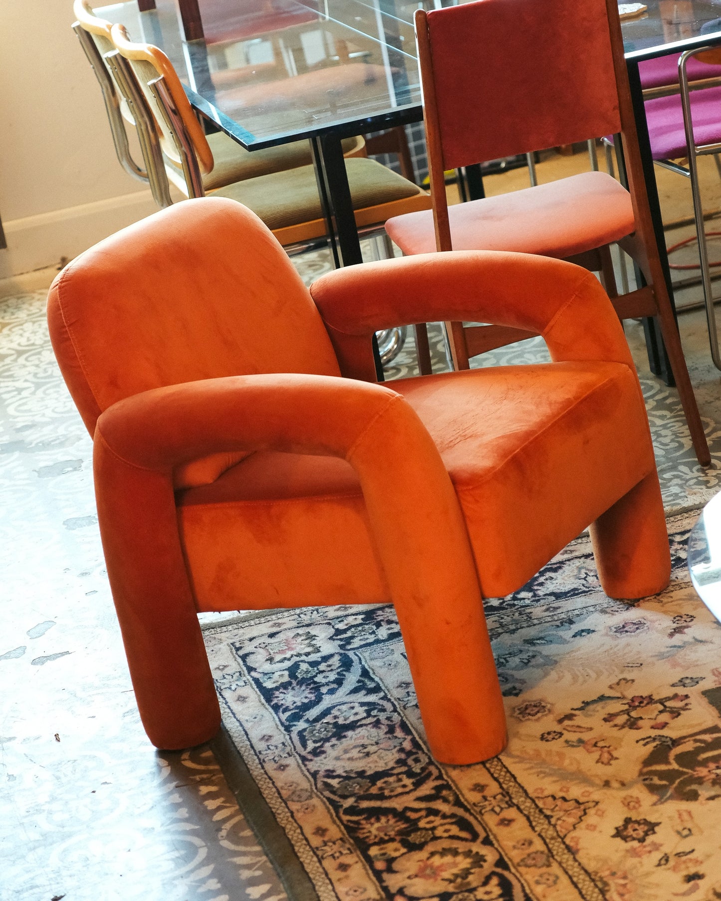Velvet Upholstered Orange Armchair
