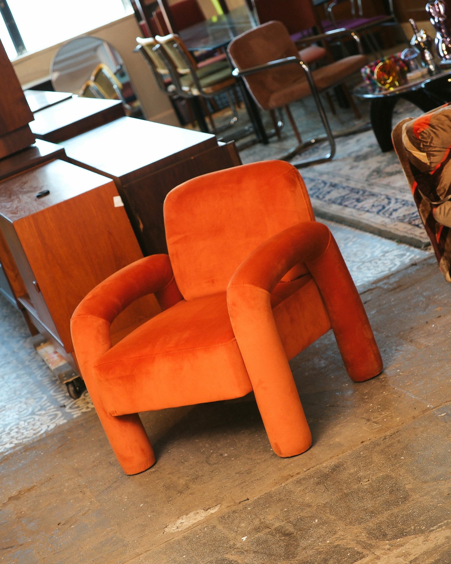 Velvet Upholstered Orange Armchair
