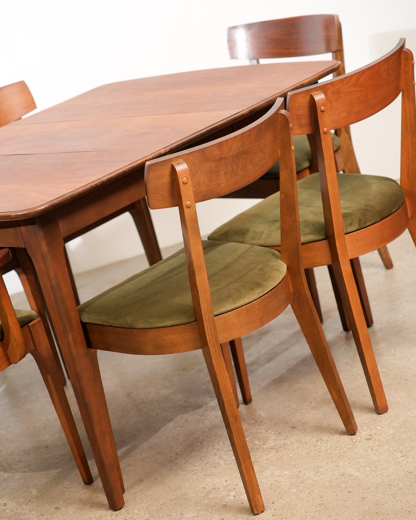 MCM Restored Dark Walnut Table Set With Green Velvet Upholstery