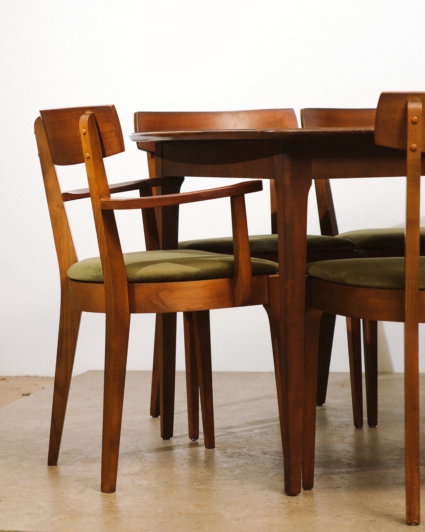 MCM Restored Dark Walnut Table Set With Green Velvet Upholstery