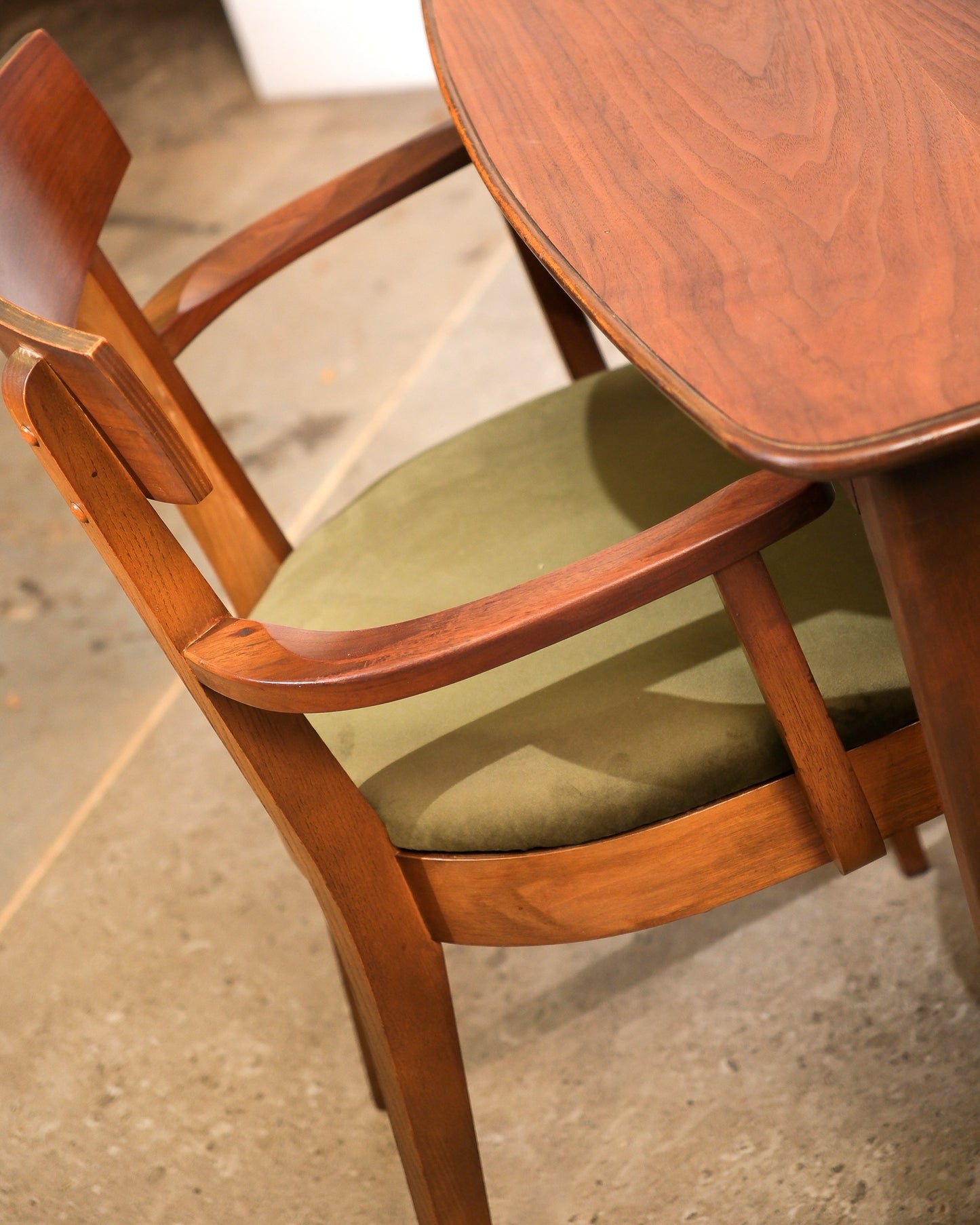MCM Restored Dark Walnut Table Set With Green Velvet Upholstery