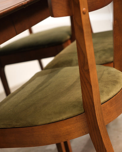 MCM Restored Dark Walnut Table Set With Green Velvet Upholstery