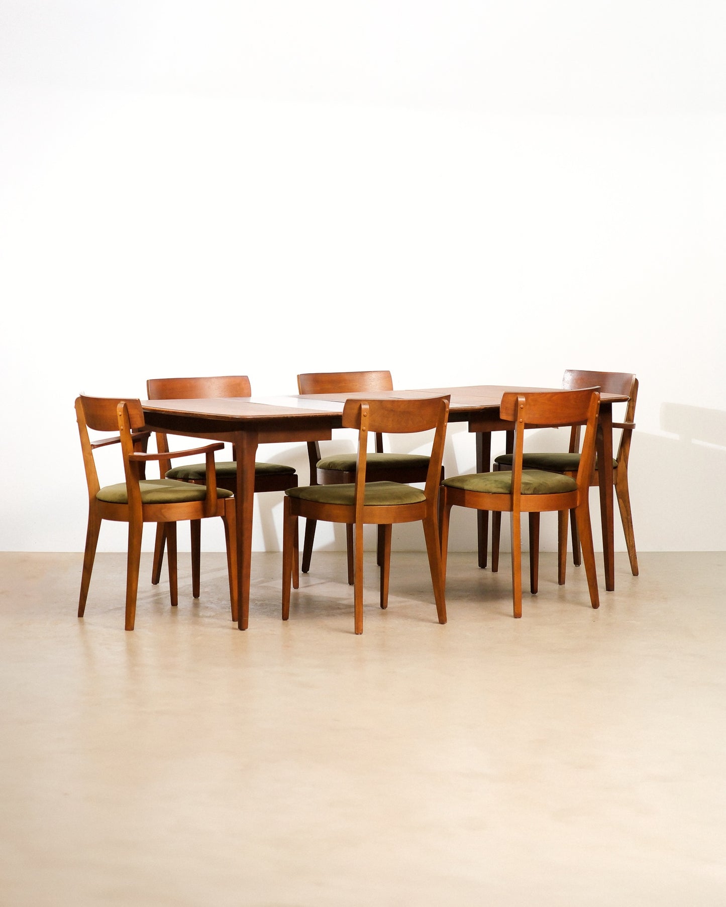 MCM Restored Dark Walnut Table Set With Green Velvet Upholstery