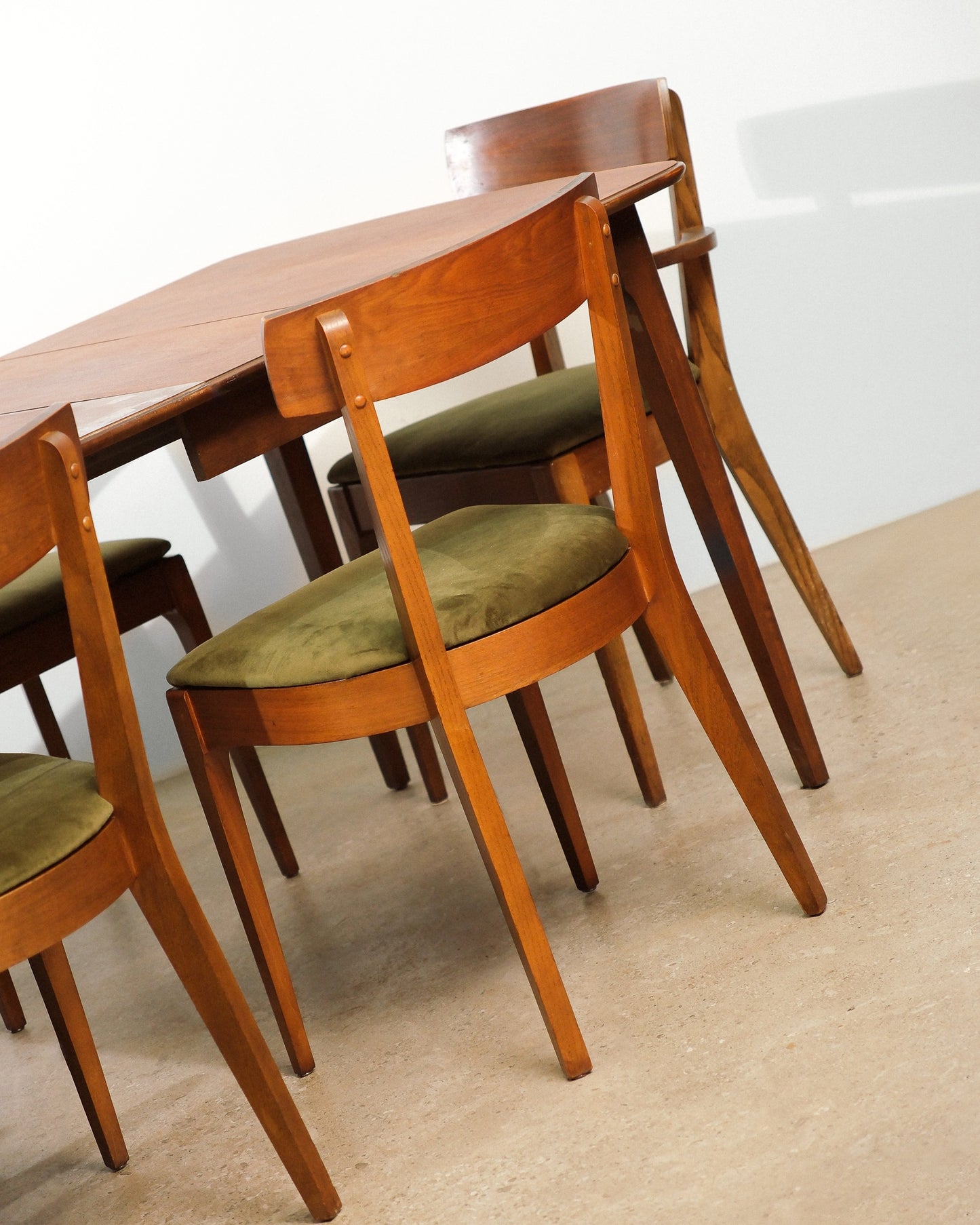 MCM Restored Dark Walnut Table Set With Green Velvet Upholstery