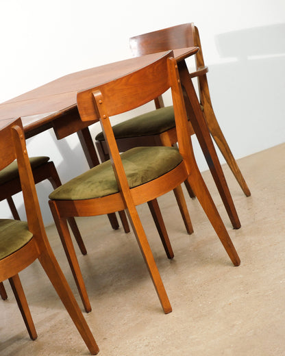 MCM Restored Dark Walnut Table Set With Green Velvet Upholstery