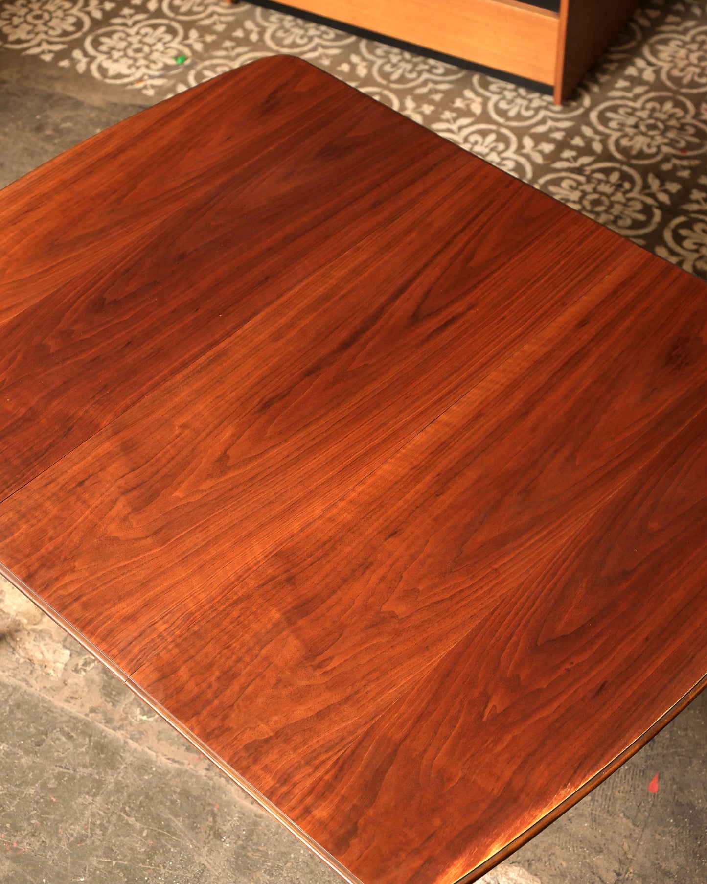 MCM Restored Dark Walnut Table Set With Green Velvet Upholstery