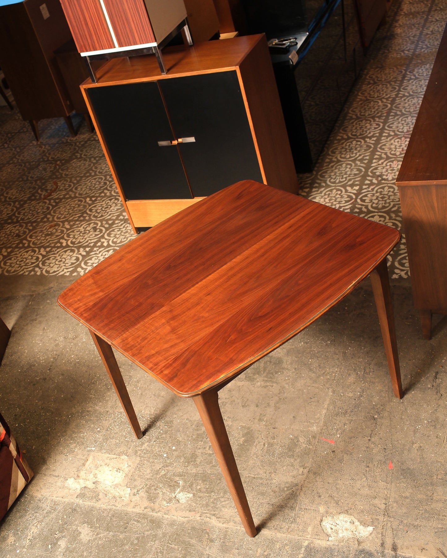 MCM Restored Dark Walnut Table Set With Green Velvet Upholstery