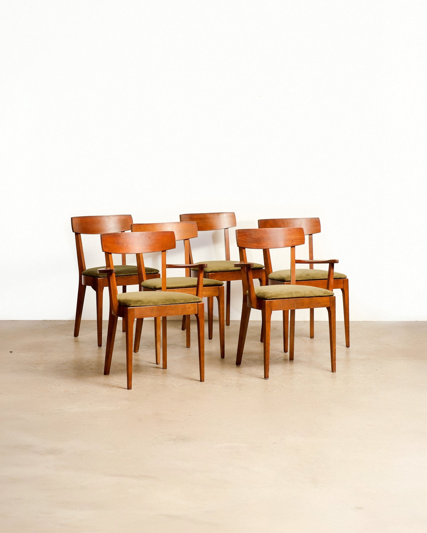 MCM Restored Dark Walnut Table Set With Green Velvet Upholstery