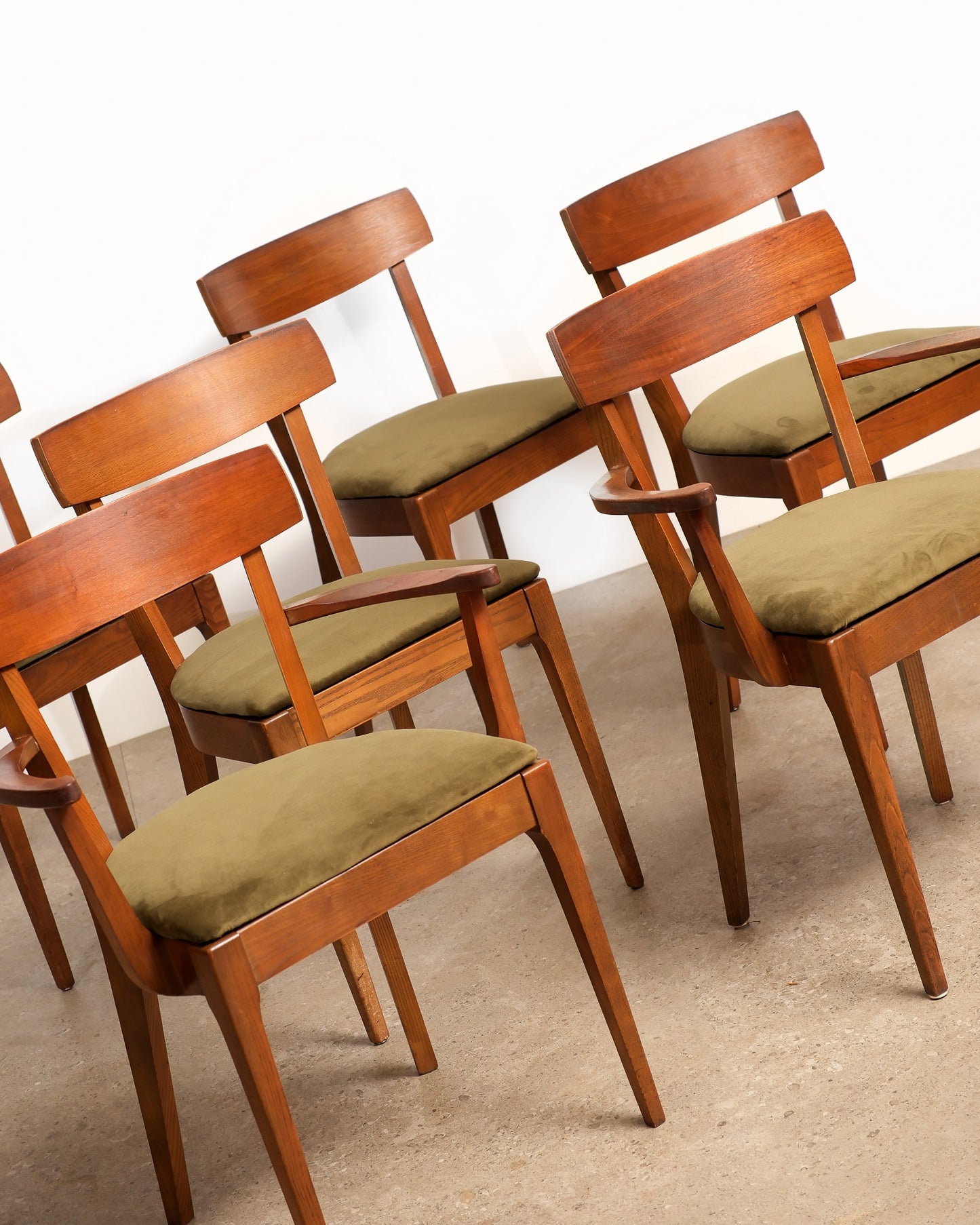 MCM Restored Dark Walnut Table Set With Green Velvet Upholstery