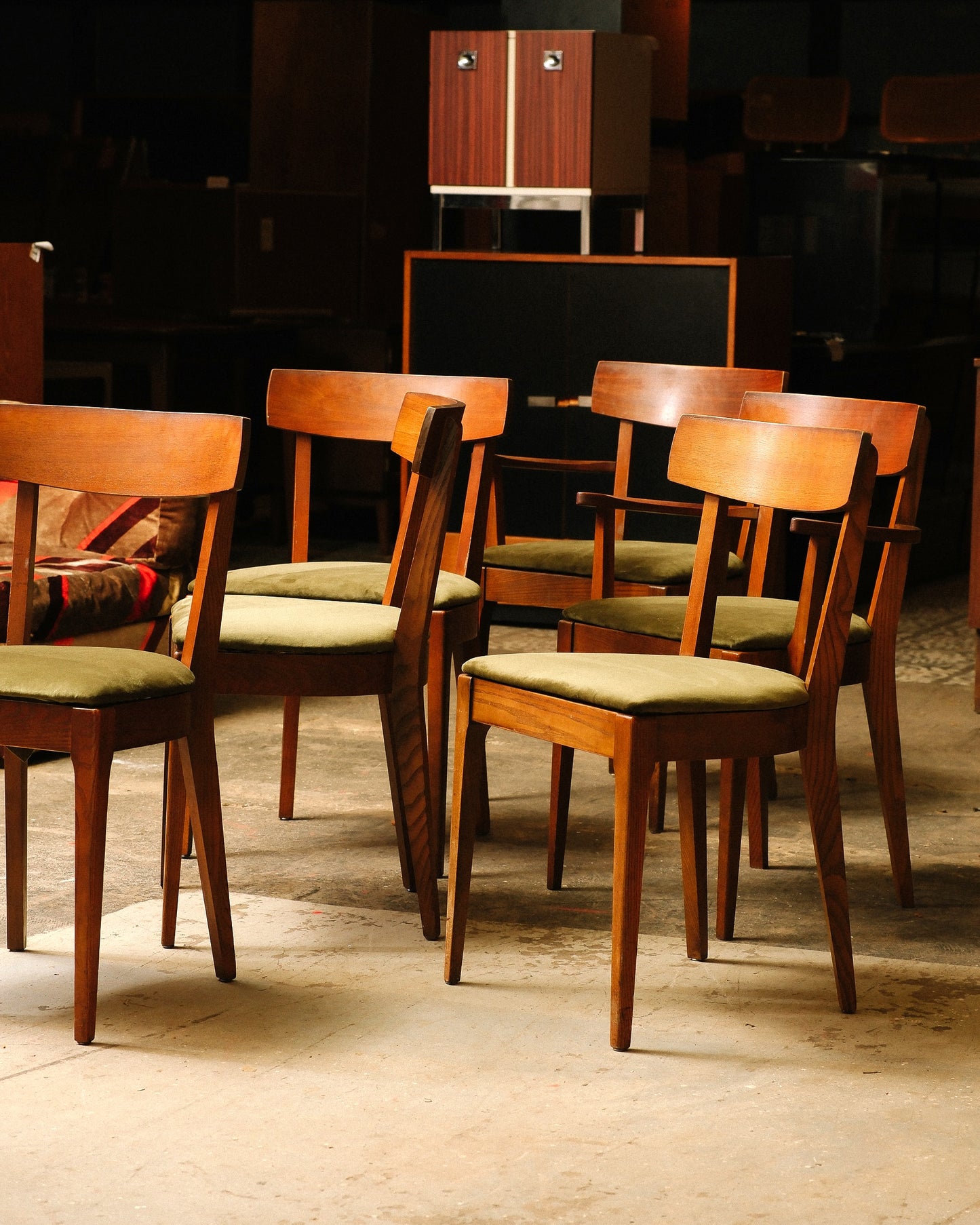 MCM Restored Dark Walnut Table Set With Green Velvet Upholstery