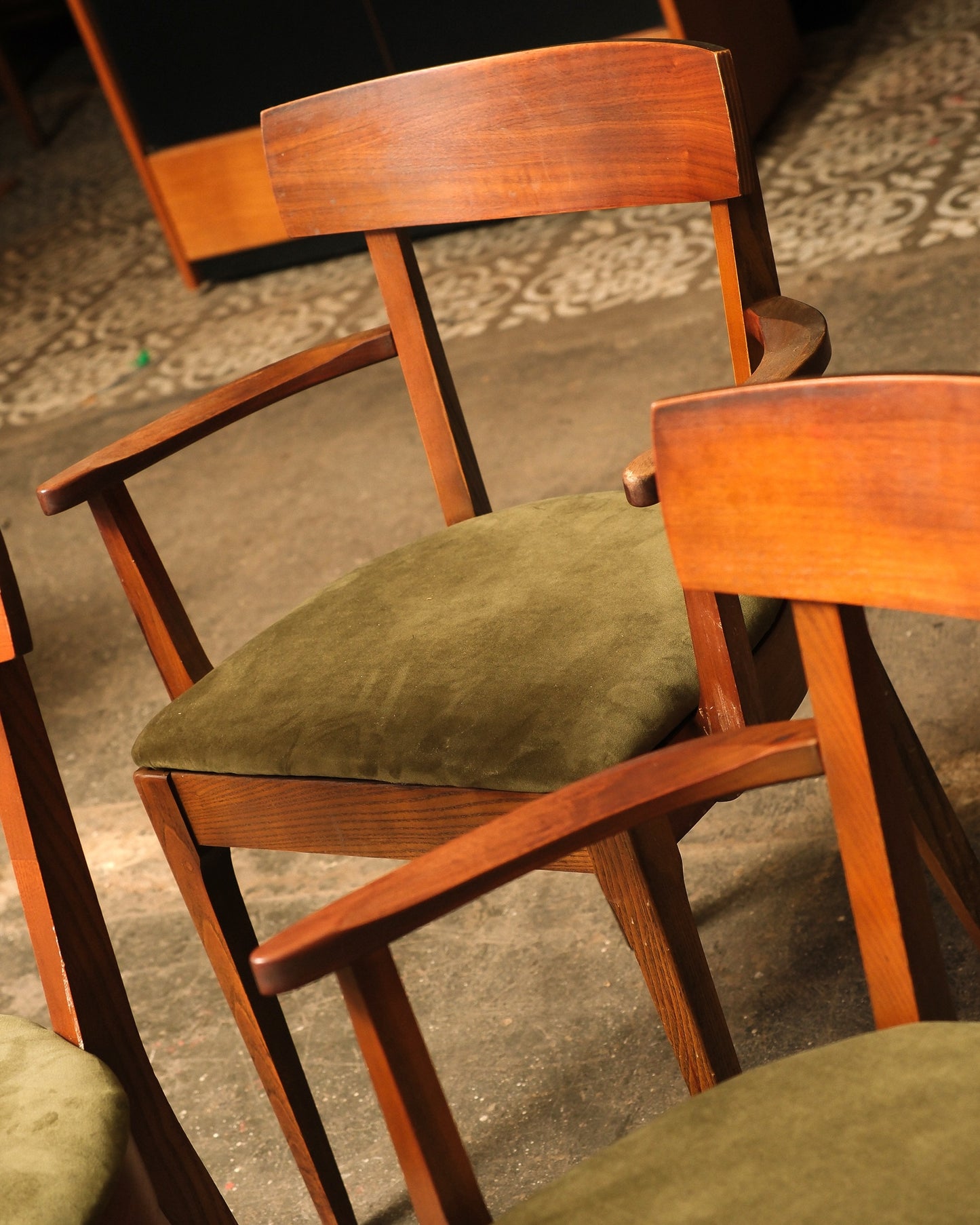 MCM Restored Dark Walnut Table Set With Green Velvet Upholstery