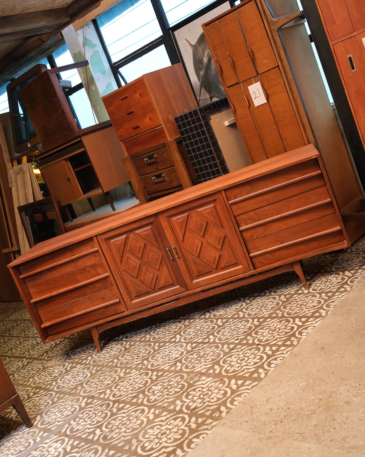MCM Walnut Brutalist Credenza