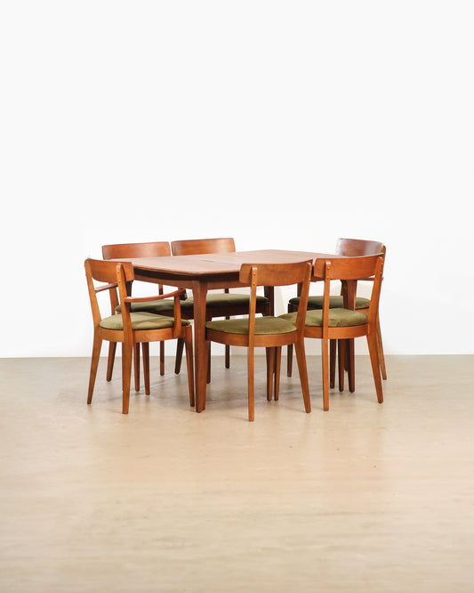 MCM Restored Dark Walnut Table Set With Green Velvet Upholstery