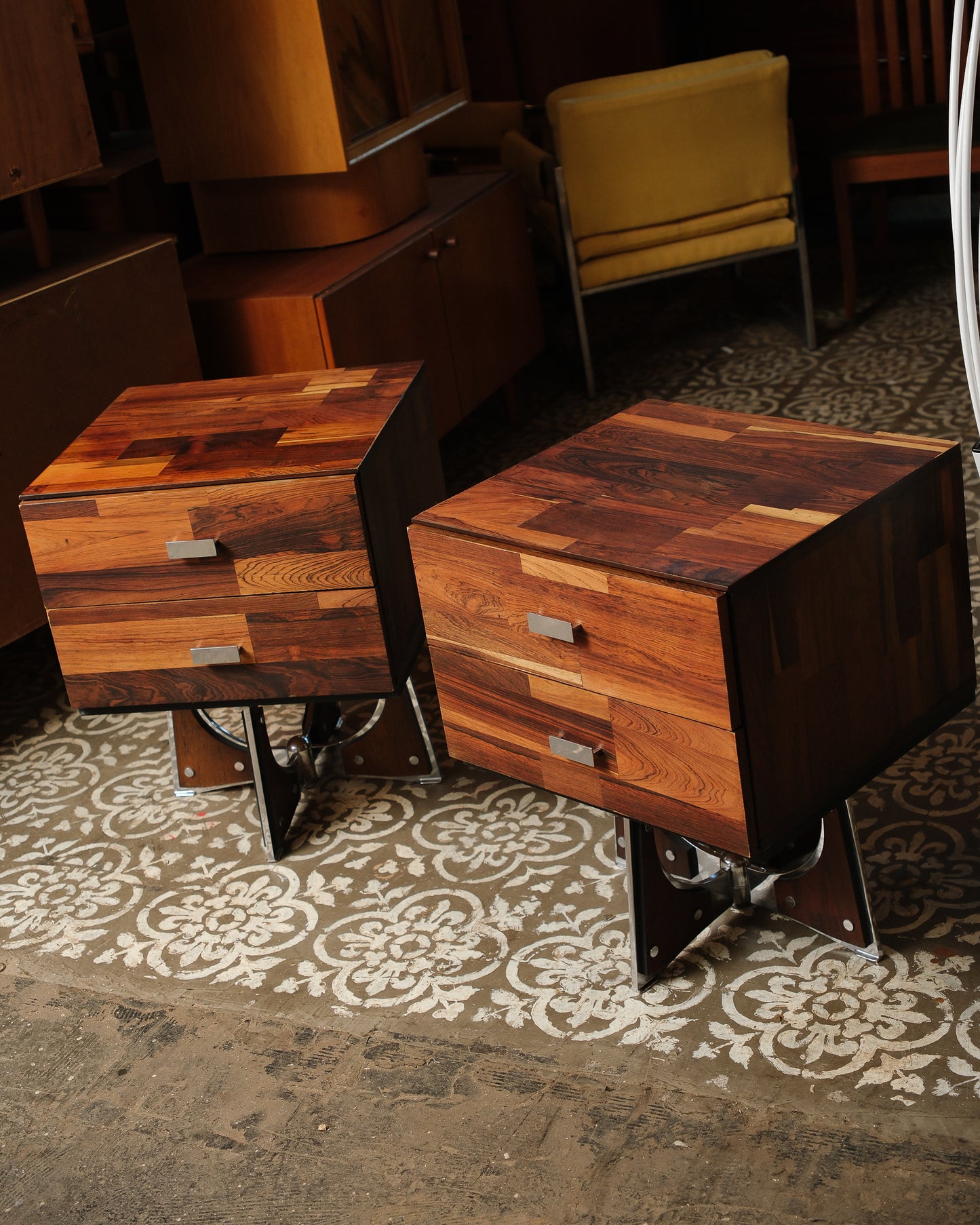 Brutalist Rosewood & Chrome Nightstand Set by Henri Vallières