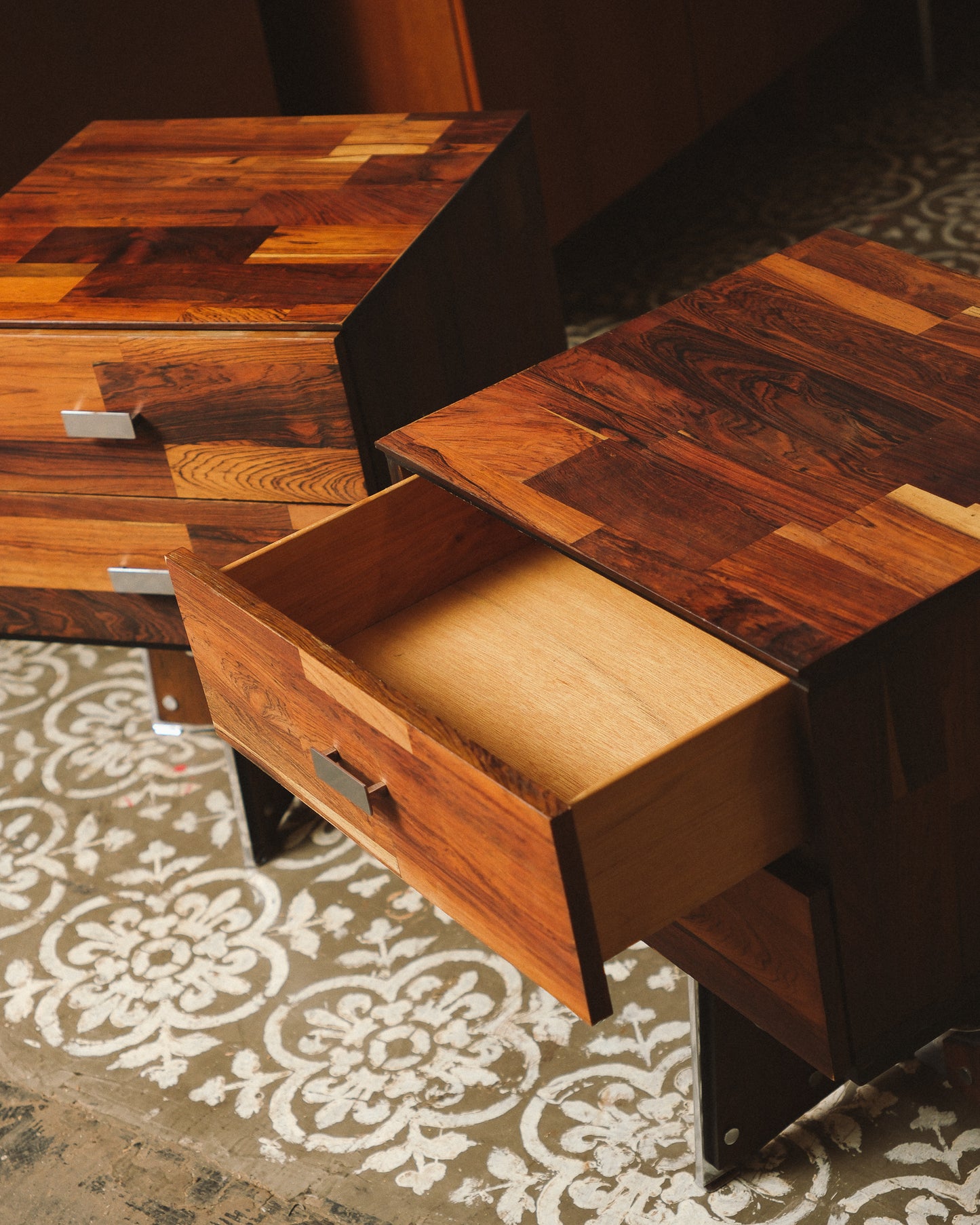 Brutalist Rosewood & Chrome Nightstand Set by Henri Vallières