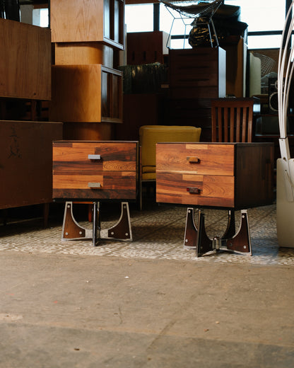 Brutalist Rosewood & Chrome Nightstand Set by Henri Vallières