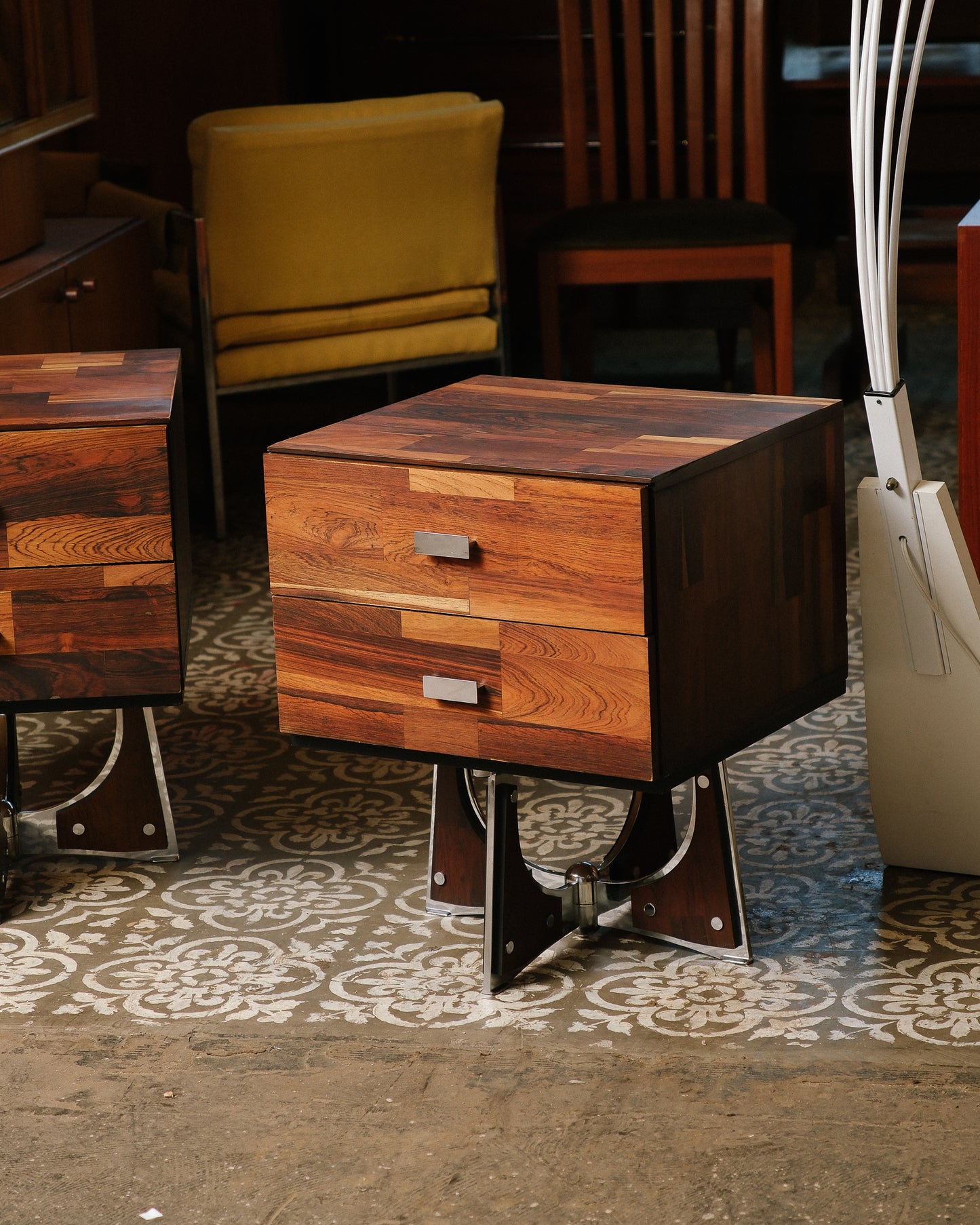 Brutalist Rosewood & Chrome Nightstand Set by Henri Vallières