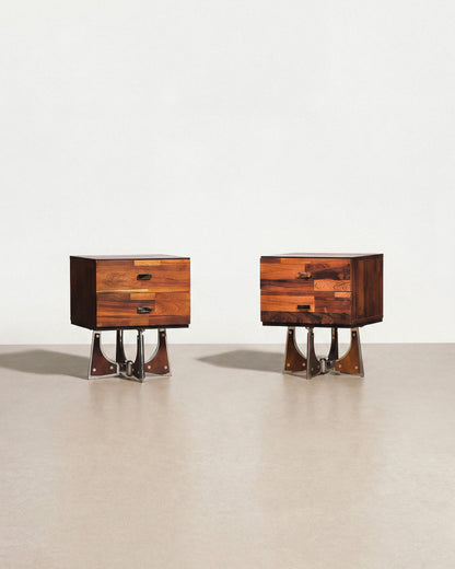 Brutalist Rosewood & Chrome Nightstand Set by Henri Vallières