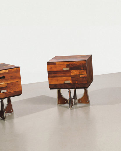 Brutalist Rosewood & Chrome Nightstand Set by Henri Vallières