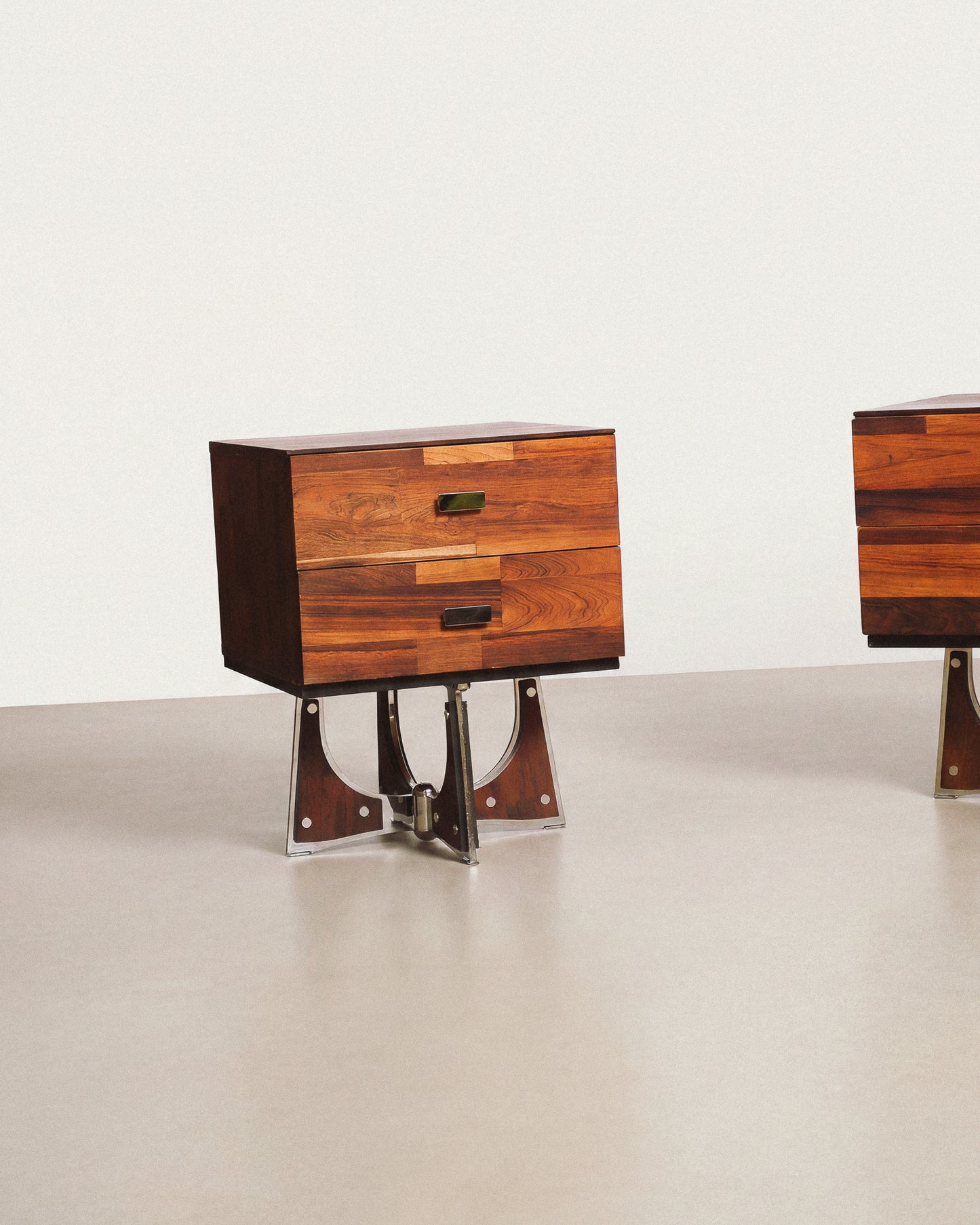 Brutalist Rosewood & Chrome Nightstand Set by Henri Vallières