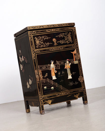 Chinese Chinoiserie Vintage Black Lacquered Nightstand / End Table