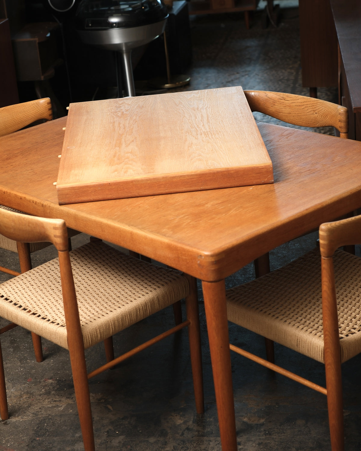 Close-up of the Bramin Danish furniture makers control label, made in Denmark, on the underside of the table top.