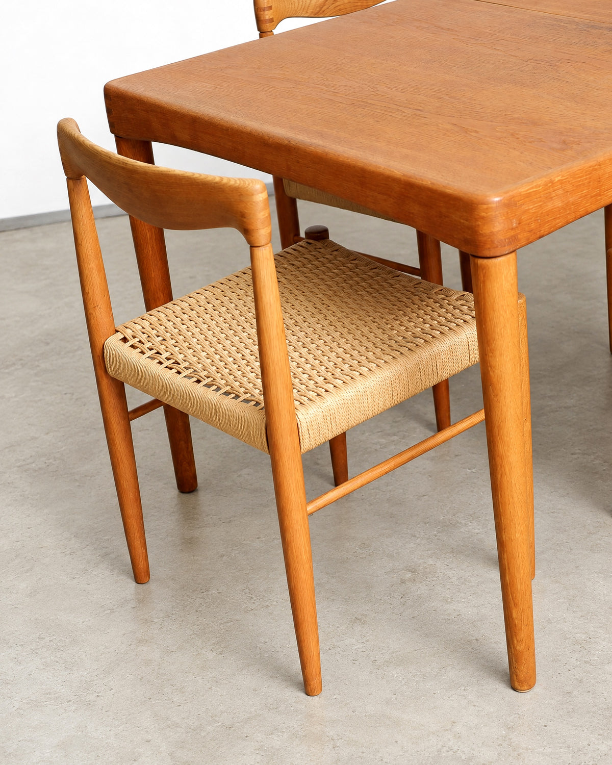 Close-up of the Bramin Danish furniture makers control label, made in Denmark, on the underside of the table top.