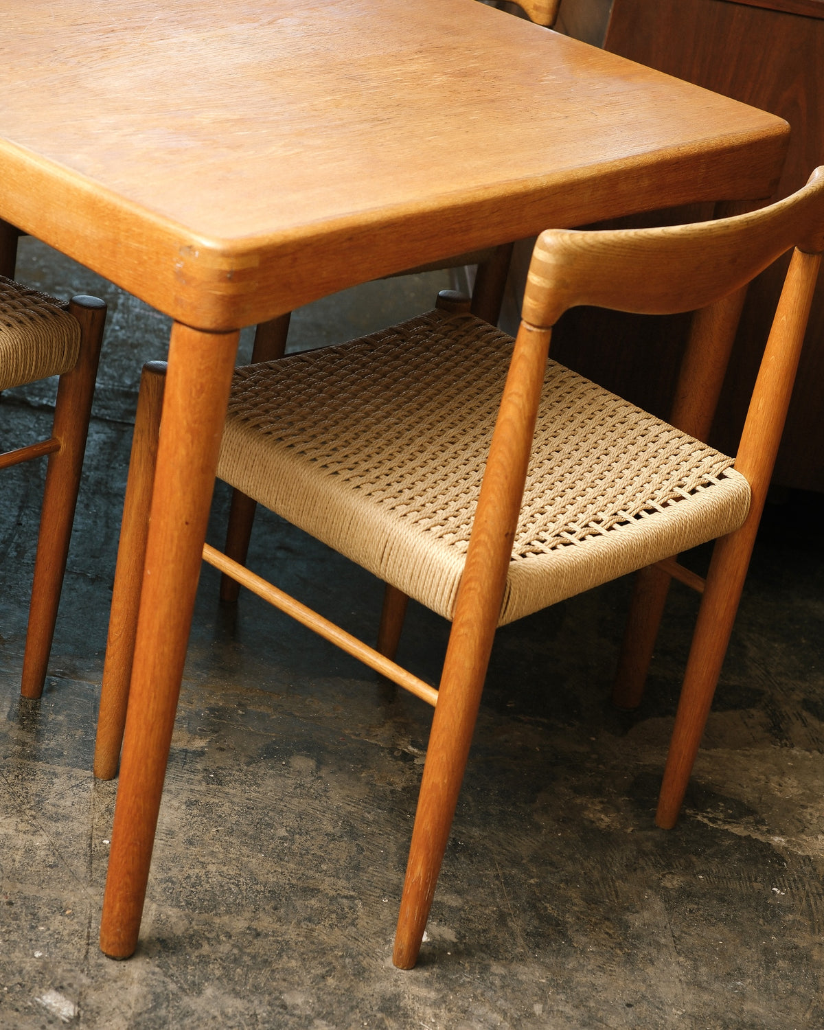 Close-up of the Bramin Danish furniture makers control label, made in Denmark, on the underside of the table top.