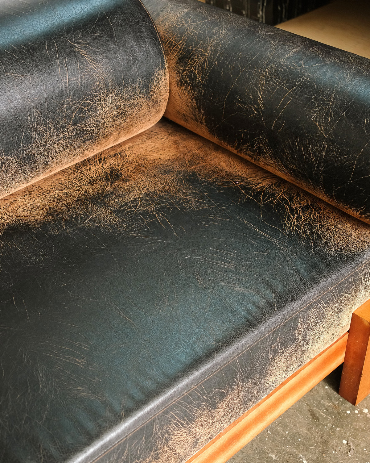 Distressed Dark Leather Sofa 96”