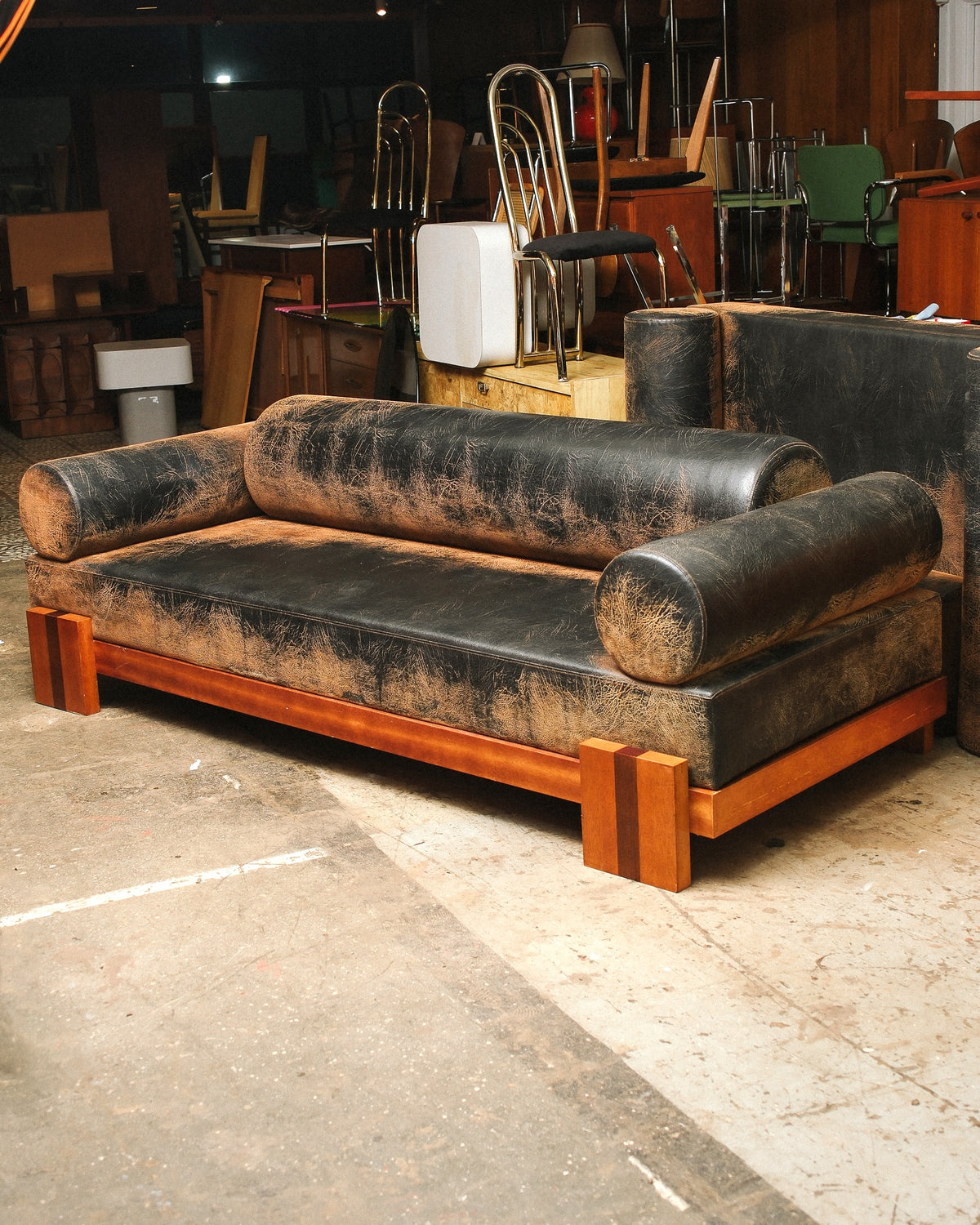 Distressed Dark Leather Sofa 96”