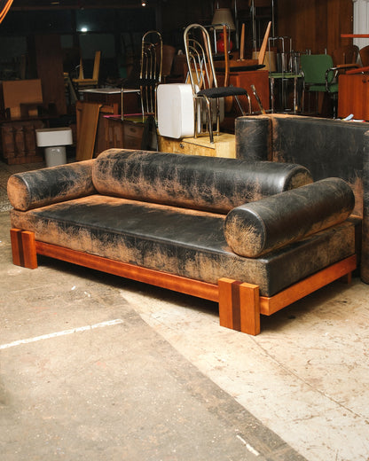 Distressed Dark Leather Sofa 96”