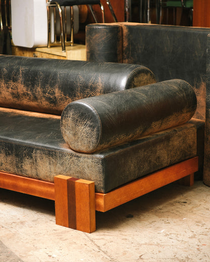 Distressed Dark Leather Sofa 96”