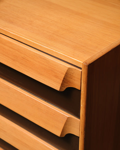 Detail of drawer pulls and top edge grain from a side angle