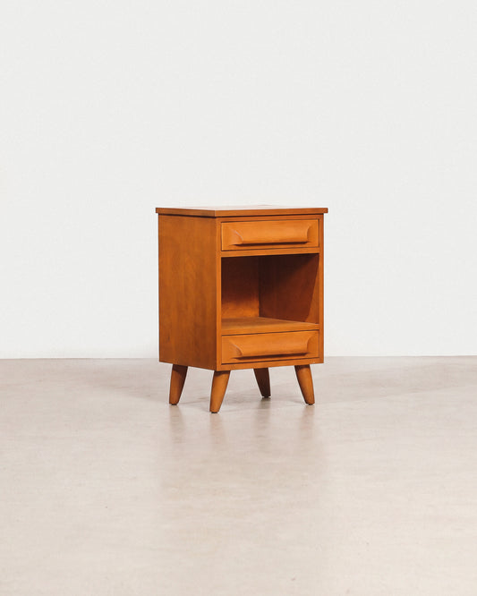 Mid-century modern birch nightstand (1958) on a plain white background — beautiful birch grain and restored satin finish