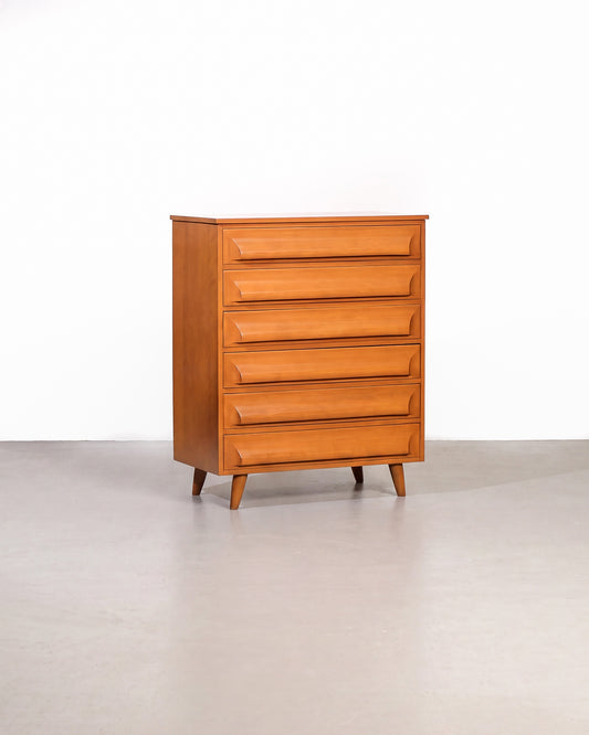 Mid-century modern birch tallboy dresser (1958) on a plain white background — beautiful birch grain and Scandinavian lines