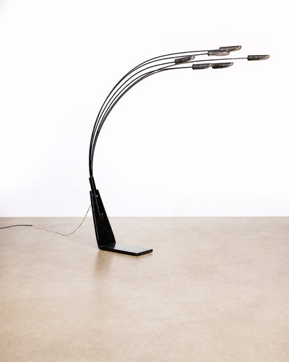 Full front view of the floor lamp displaying all six arms and shades with cord visible.