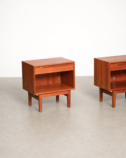 Front view of the teak nightstand drawer and open lower compartment