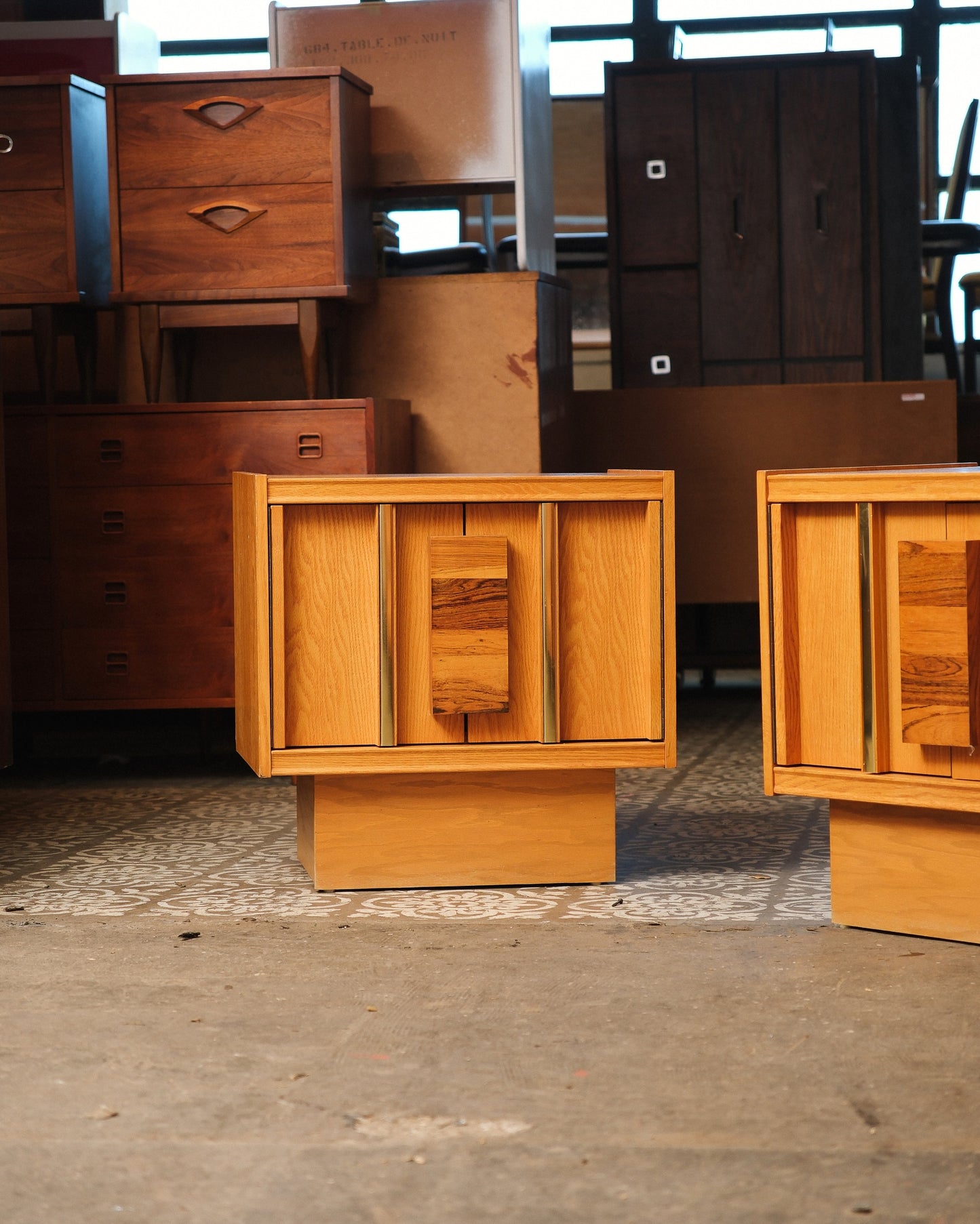 MCM Oak & Rosewood Brutalist Nightstand Set